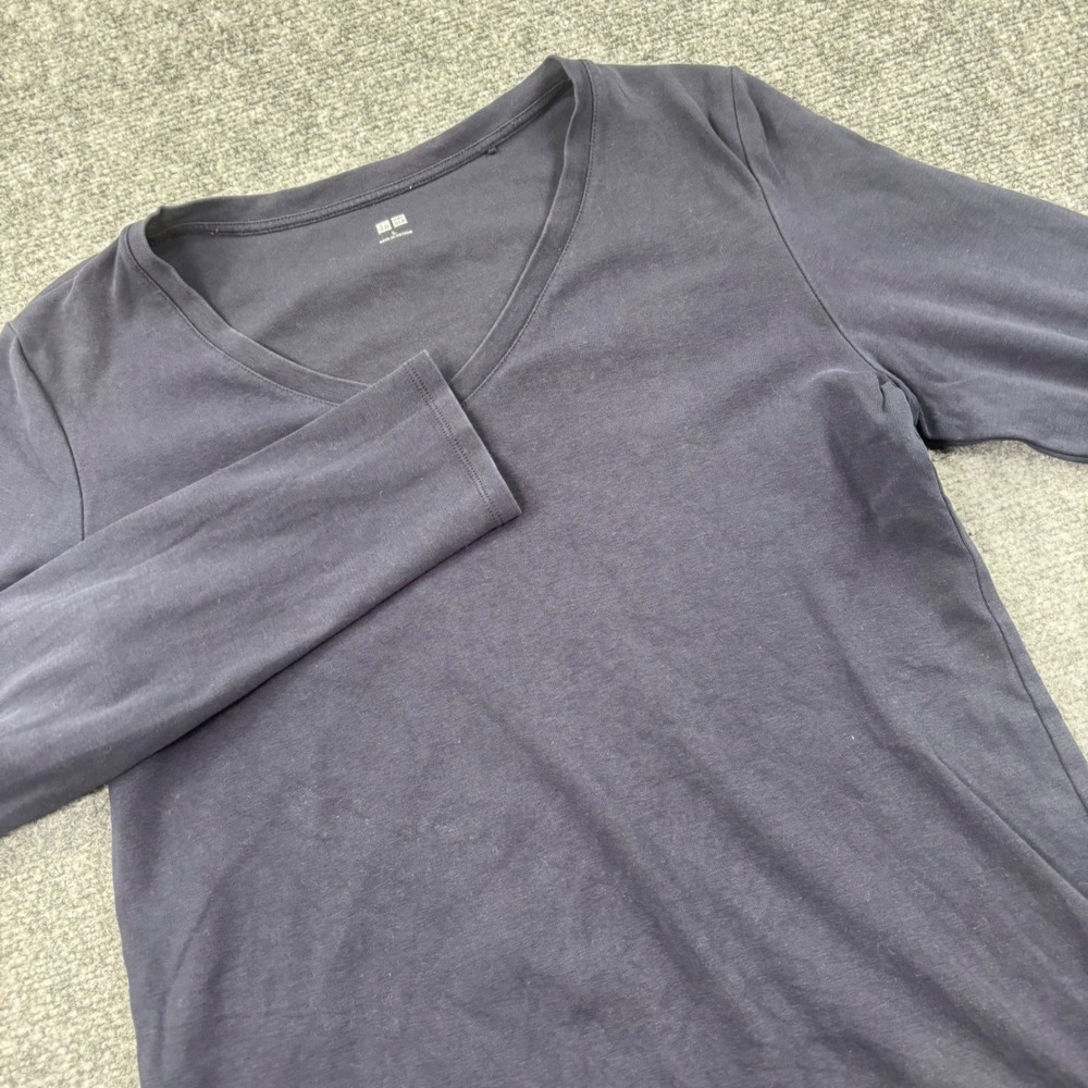 Uniqlo V-Neck Long Sleeve T-Shirt Large Navy Blue Cotton Spandex Stretch Womens